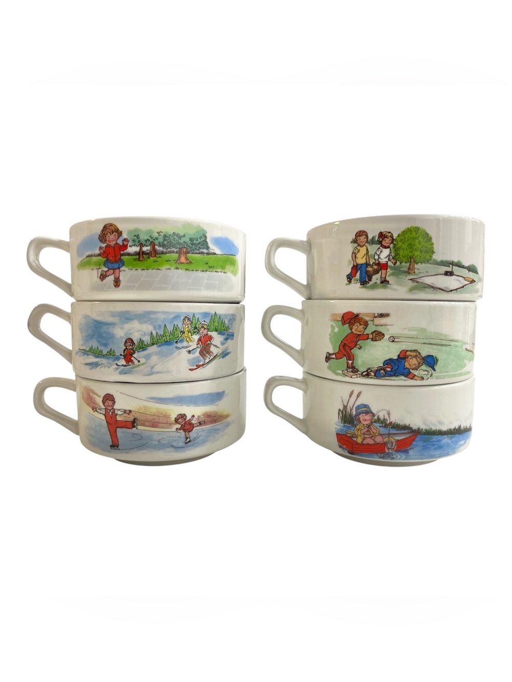 Vintage Campbell’s Soup Kids Handled Bowls Set of 6 Skiing Baseball Picnic Skate